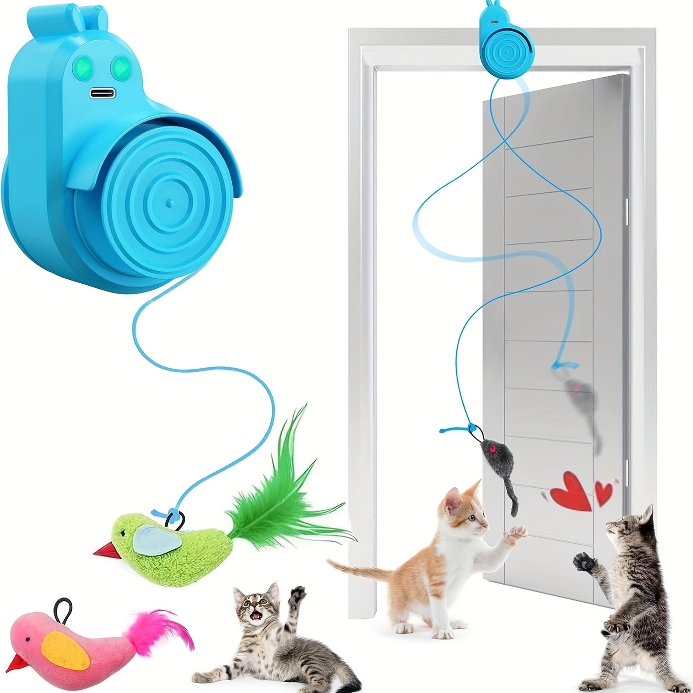 Automatic Electric Flying Bird Feather Cat Toy – Stick-On Hanging Interactive Toy for Indoor Cats & Kittens, Electric Kitty Enrichment Toy for Bored Cats, Grey Blue White