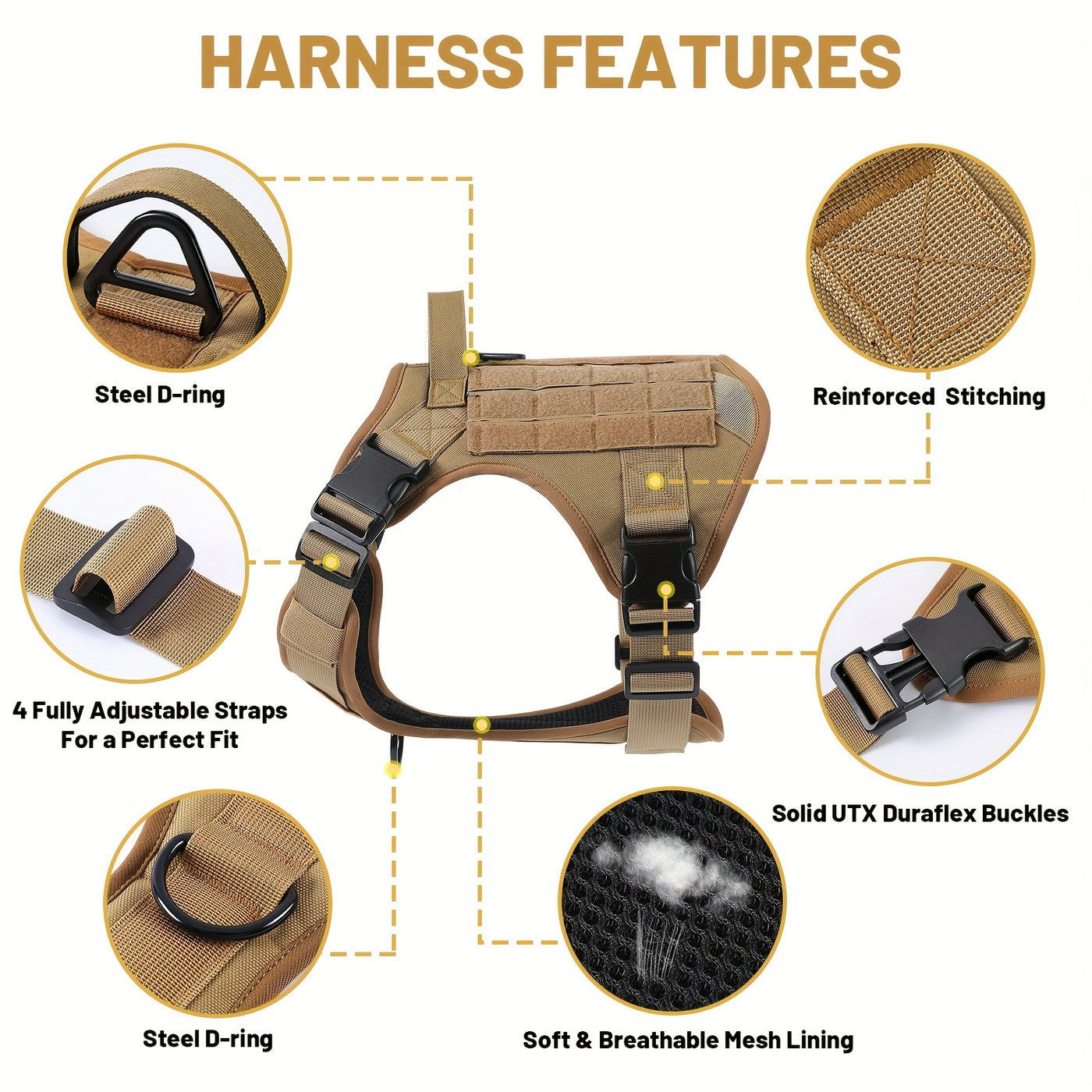 Tactical Dog Harness Chest Vest with MOLLE Panels, Handle & Leash Clip – Heavy Duty Adjustable Military-Style Pet Harness for Medium Large Dogs Walking Training Outdoor Adventures