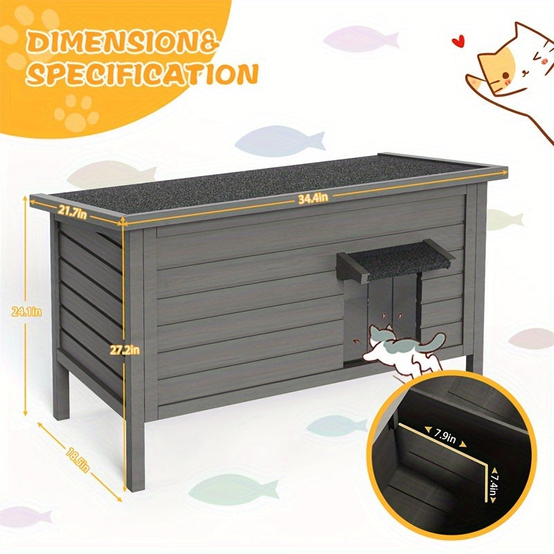 Outdoor Cat House Insulated Waterproof – 6-Side Foam Insulated Solid Wood Feral Cat Shelter with Feeding Station, Fits 2-3 Cats, 34.4"L×21.7"W×27.2"H
