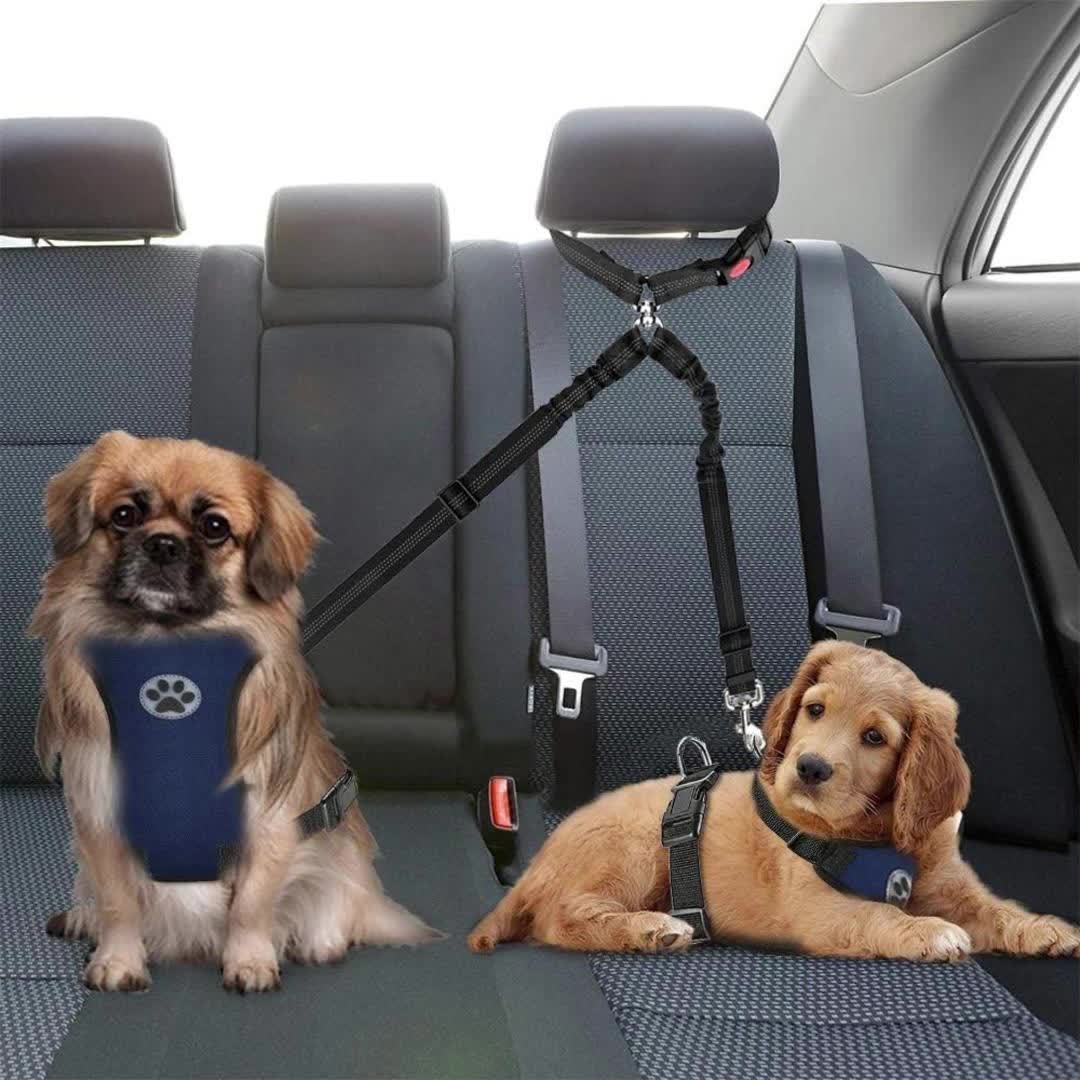 Dual Dog Car Seat Belt for 2 Dogs – No-Tangle Headrest Restraint with Adjustable Bungee, Safe Pet Car Safety Harness for Small Medium Large Dogs, Black Pink Red
