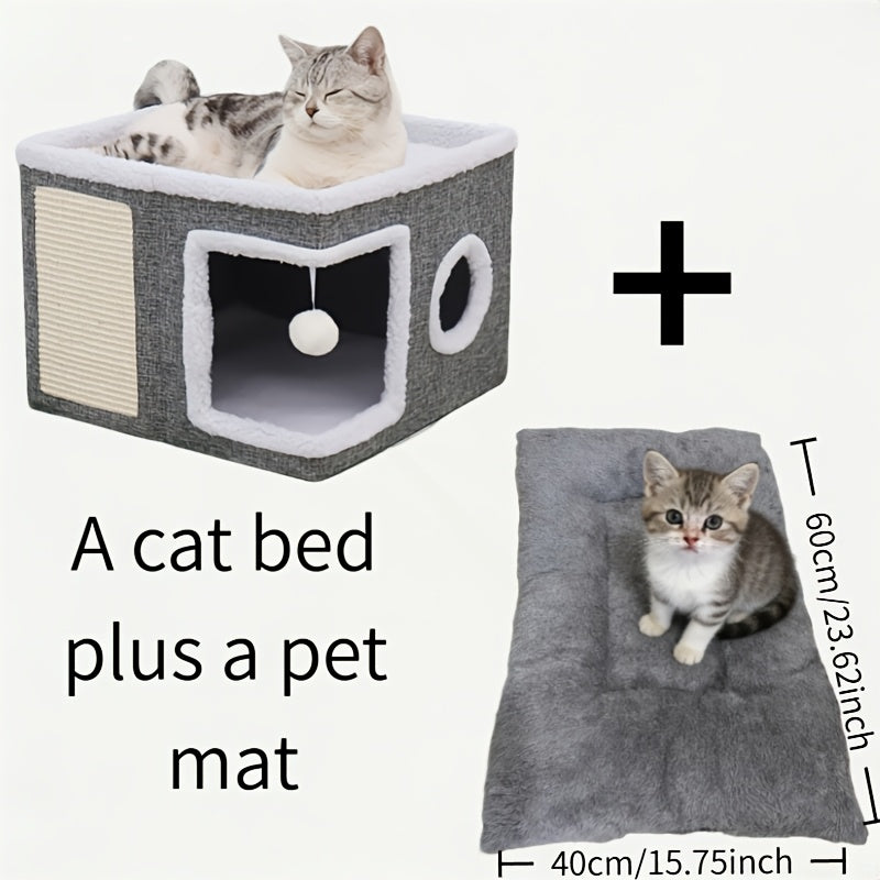 Foldable Cat Cube Bed with 2-Tier Perch, Toy Tunnel & Scratching Post – Space-Saving Indoor Cat House, 16.5x16.5x13 Inches, Plush & Canvas