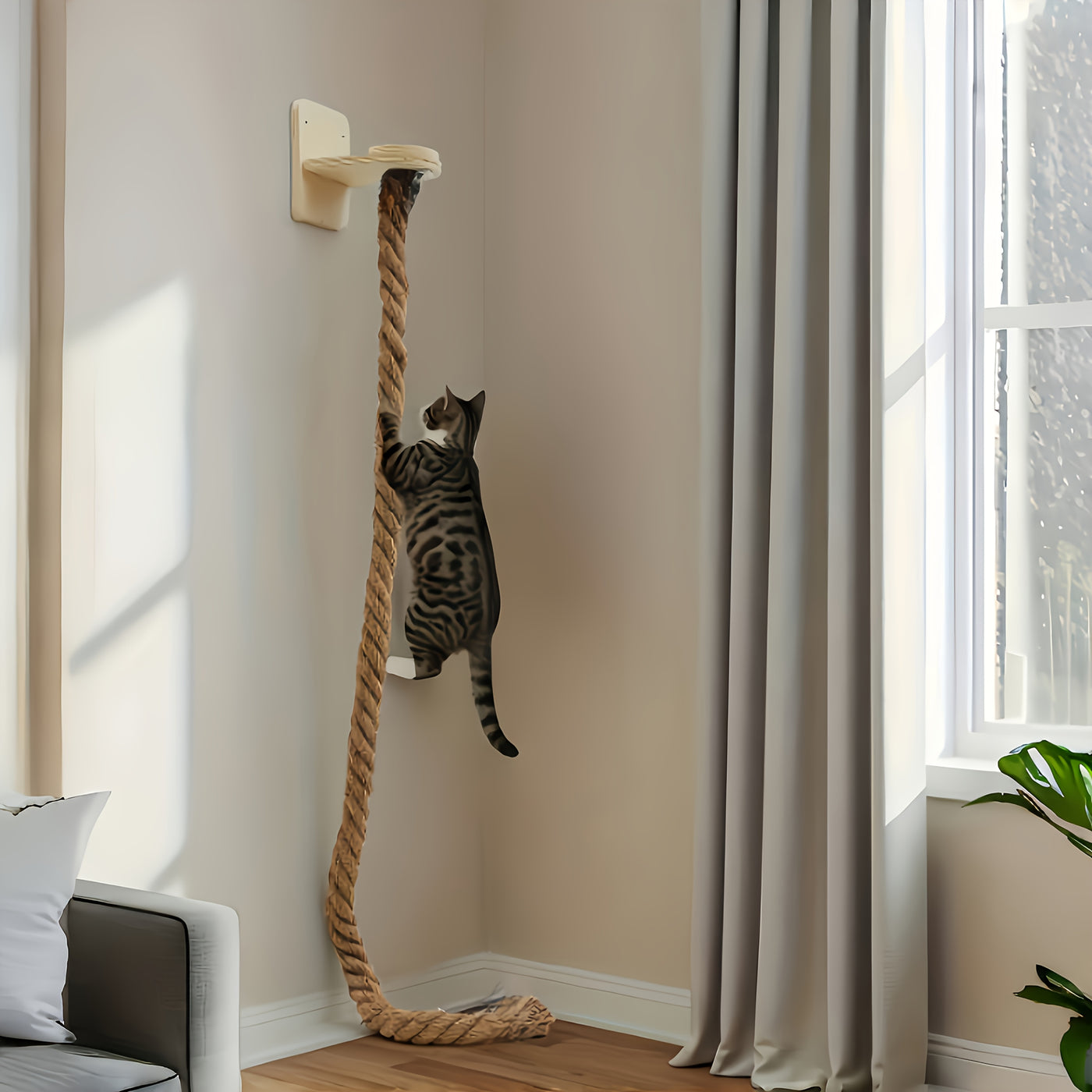 Wall-Mounted Cat Climbing Rope & Jumping Platform – Natural Hemp, Space-Saving Cat Wall System Accessory for Indoor Cats & Kittens, 2 Styles
