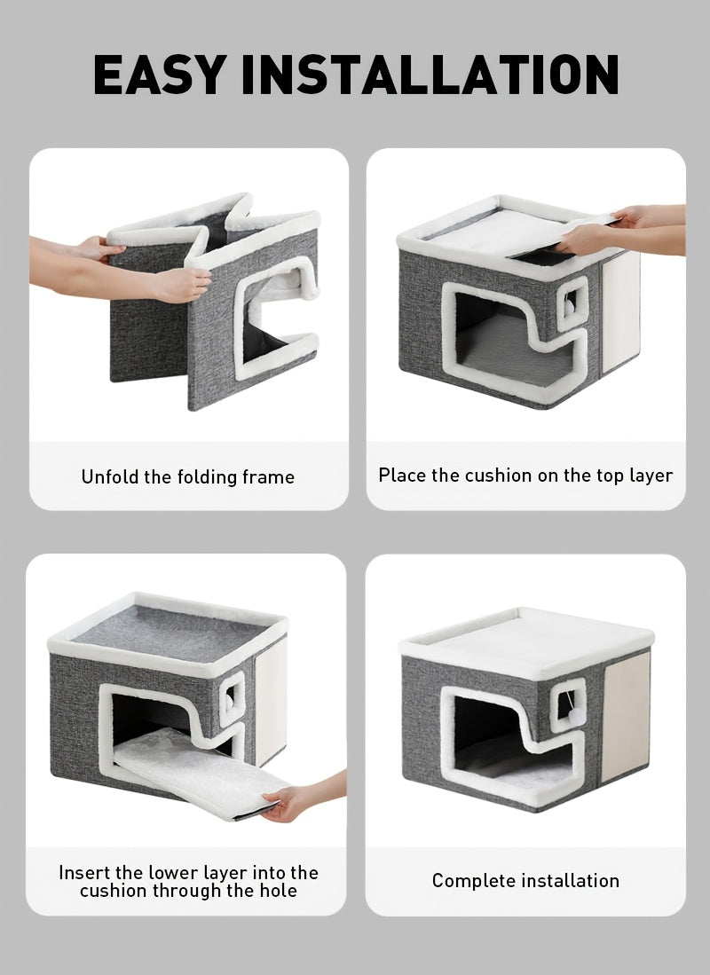 Indoor Cat House Condo 3-in-1 – Cat Bed Sleep Play & Scratch Box, Luxury Wooden Cube Ottoman Cat Cave Hideaway for Large Cats, Multi-Cat Friendly, Light Gray (Regular & Large)