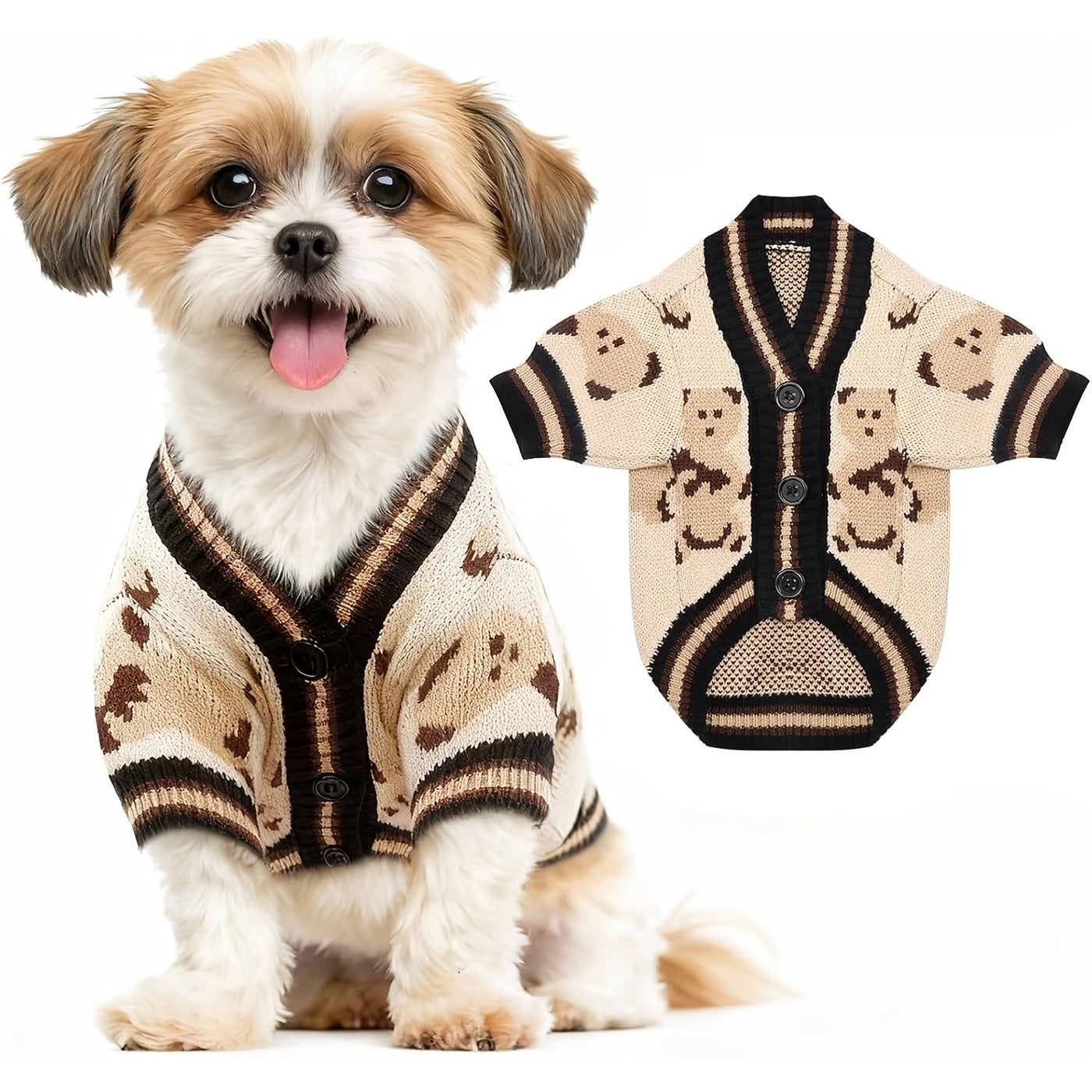 Dog Cardigan Sweater Bear Print with Button Closure – Warm Knitted Fleece-Lined Puppy Shirt, Adjustable Collar, Elastic & Embroidered, Small Breeds Bichon Teddy Schnauzer, Spring Summer