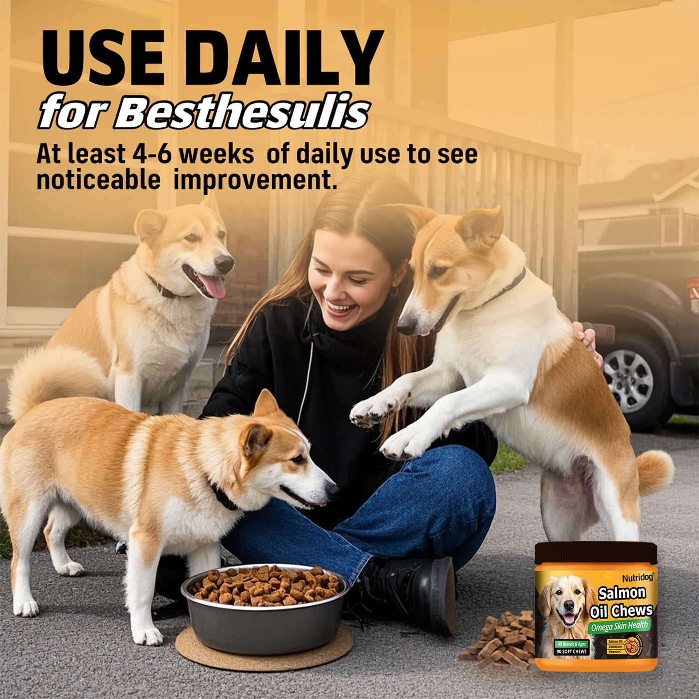 Dog Supplement Chews 90ct with Probiotics and Salmon Oil – Coat and Gut Health Chicken Flavor Soft Chews for All Ages