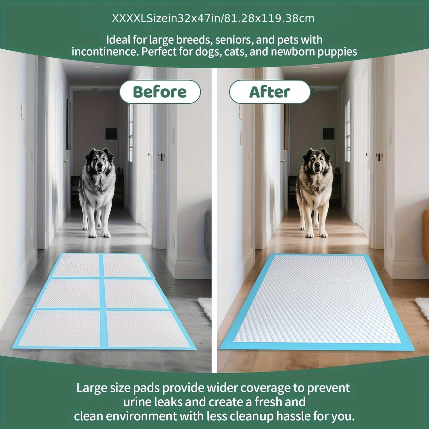 Disposable Dog Pee Pads - 8-Layer Super Absorbent Leak-Proof Puppy Potty Pads, XXXL Extra Large 31x47 / 32x36 / 57x31 in, 40 / 60 / 80 / 120 Count, for Cars Cages Sofas