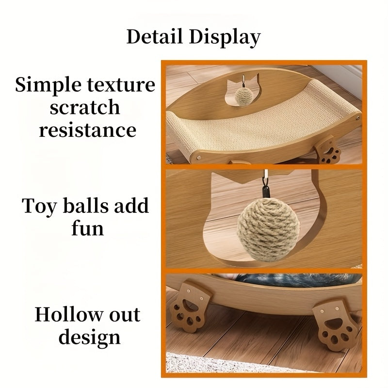 Sisal Cat Scratcher Lounge Chair with Hanging Ball Toy – Solid Wood Curved Cat Bed & Scratching Pad, Furniture Protector for Indoor Cats