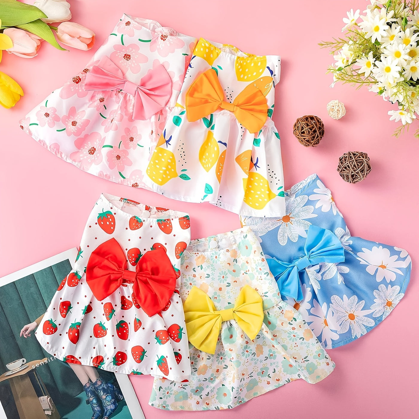 Girl Dog Dress Set of 5 Cute Styles – Floral Princess Bow Puppy Dresses for Small Dogs & Cats, Soft Polyester Press Buckle Pet Costume for Yorkshire Mini Toy Breeds, All Seasons