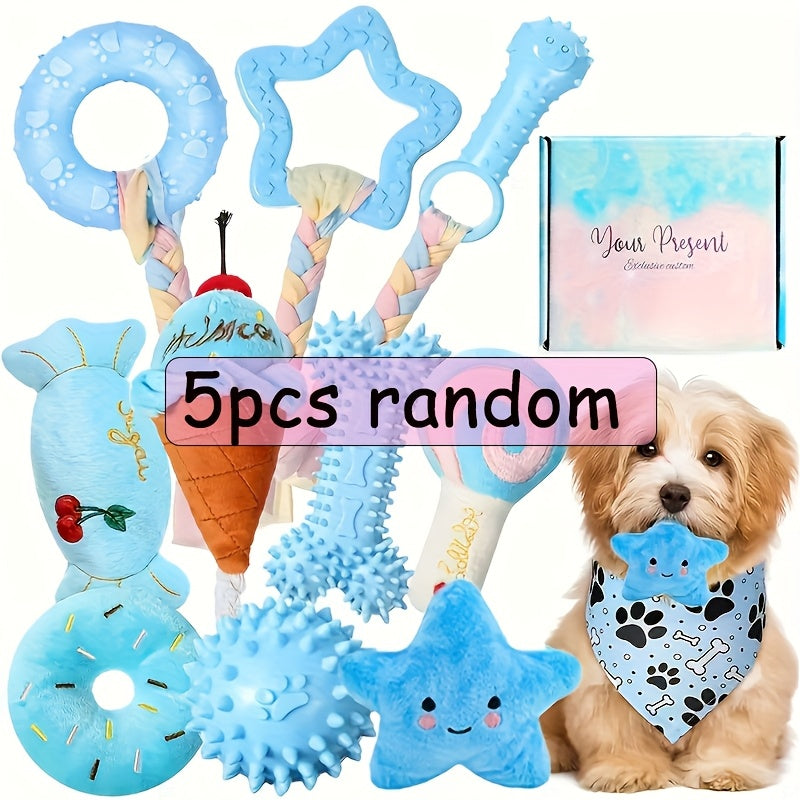 5-Piece Puppy Chew Toy Set for Small Dogs – Non-Toxic TPR & Plush Teeth Cleaning Teething Toys, Durable Interactive Dog Dental Toy Bundle, Pink & Blue