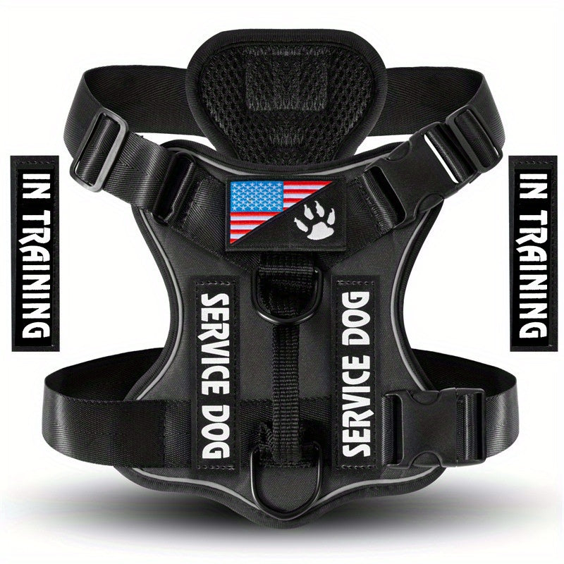 Reflective Dog Harness Set with 5 Interchangeable Patches - Adjustable Oxford Vest, Mesh Inner Layer, Front & Back Clip, Anti-Pull, XS to XL, 10 Color Options