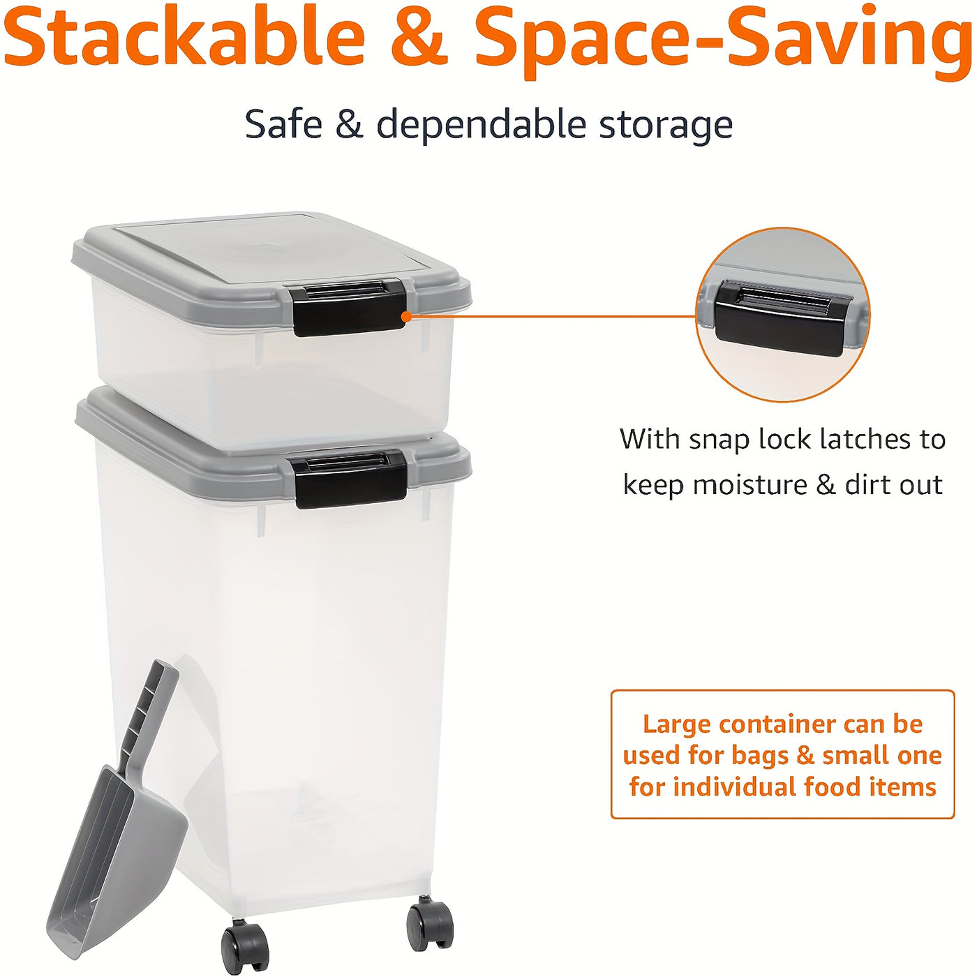 Dog Food Storage Container 30lb + 11lb Stackable Combo – Airtight Insect-Proof with Wheels & Scoop, Clear Body for Cat & Dog Food