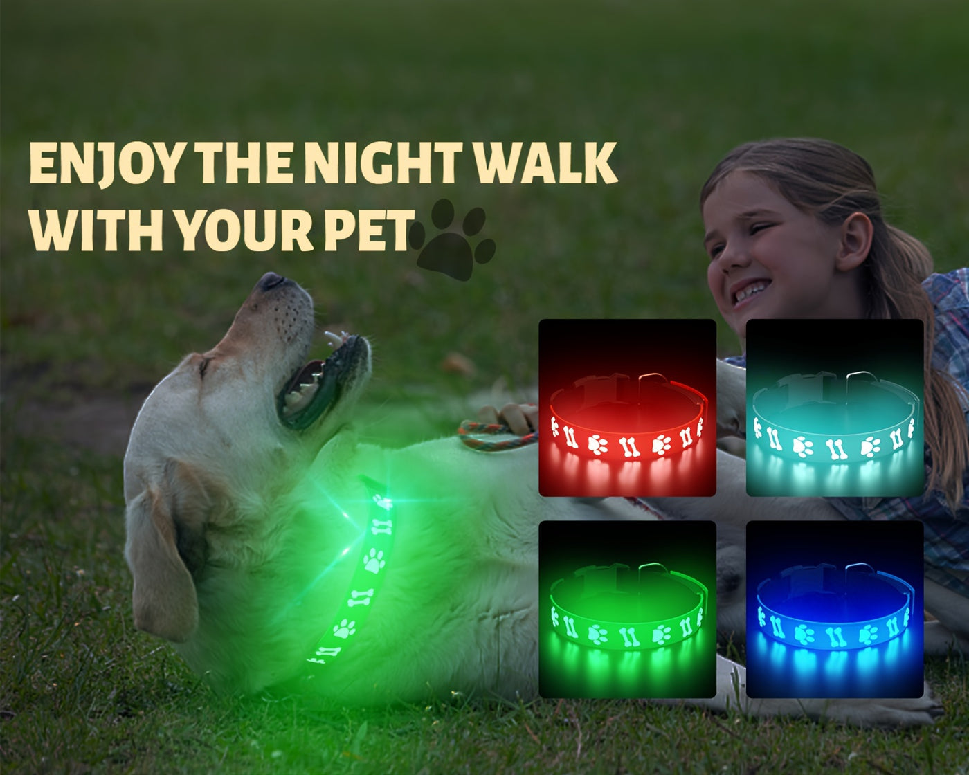LED Dog Collar USB Rechargeable with 15 Light Modes – Adjustable Glow Safety Collar for Nighttime Walks, Soft 3D Flash Pet Collar for All Dog Sizes, Green Blue Pink Red Black