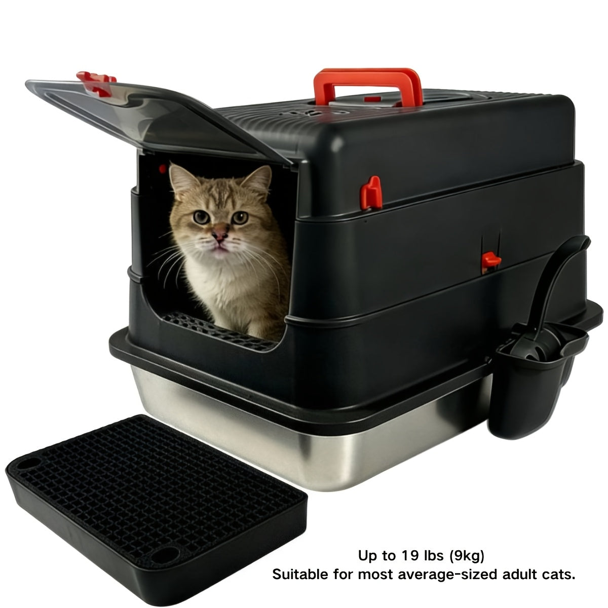 Stainless Steel Cat Litter Box XL Enclosed Odor-Proof with Scoop Step Pedal & Carbon Deodorizer for Large Cats