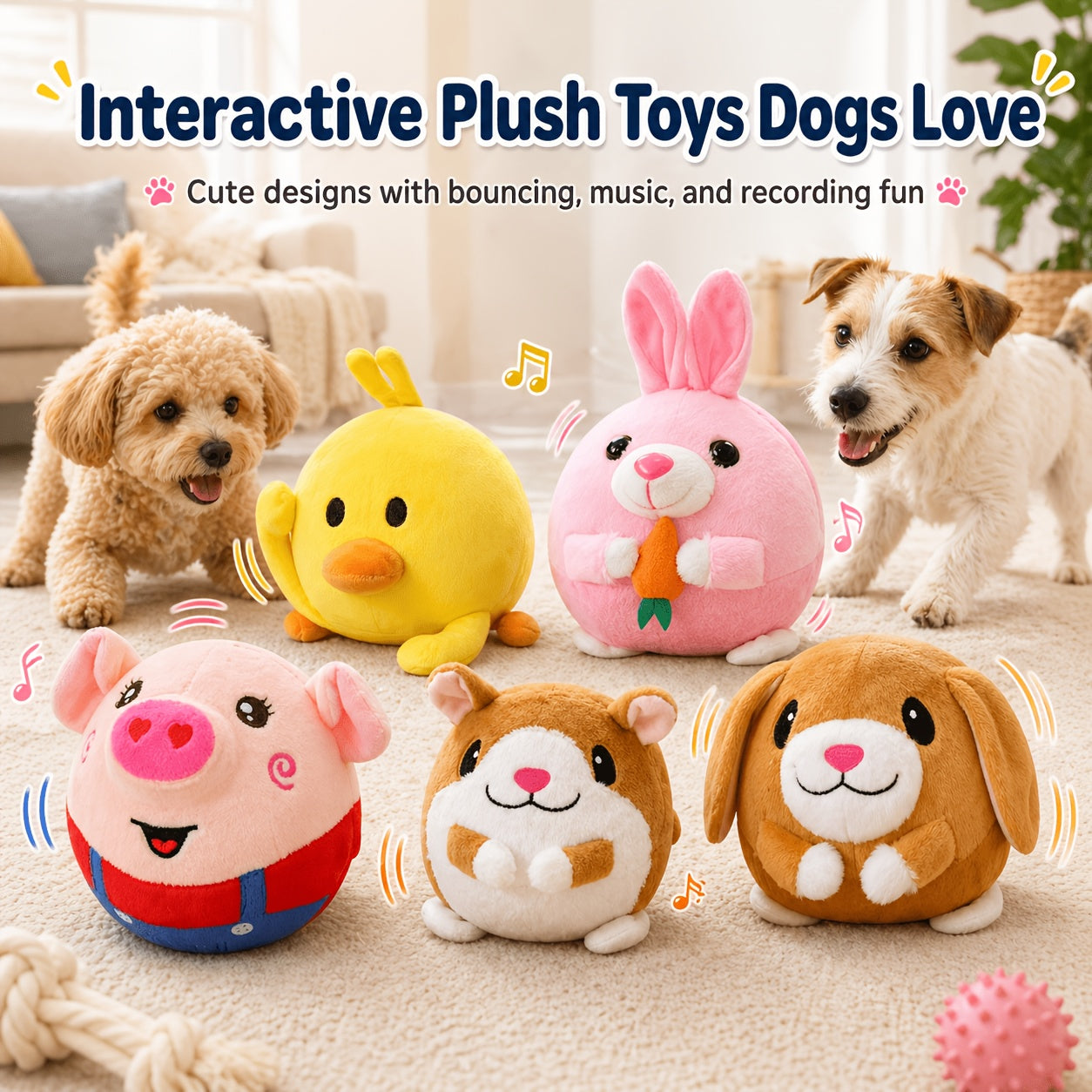 Rolling Bouncing Dog Toy with Motion Sensor & Animal Sounds – USB Rechargeable, Recording Mode, Washable, for Puppies & Small Dogs, Single or 2-Pack