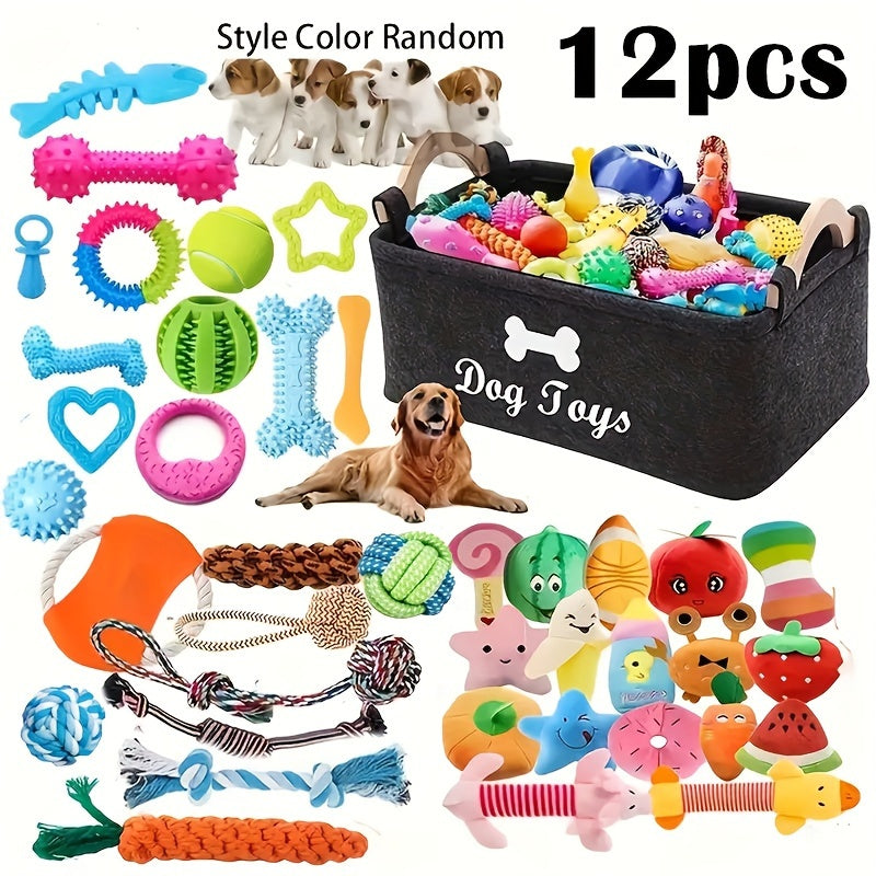 Dog Toy Set 6 or 12 Pcs – Fabric Chew Toys with Squeakers, Knot Toys & Balls, Teeth Cleaning, All Breed Sizes, Cartoon Pattern, No Battery Needed