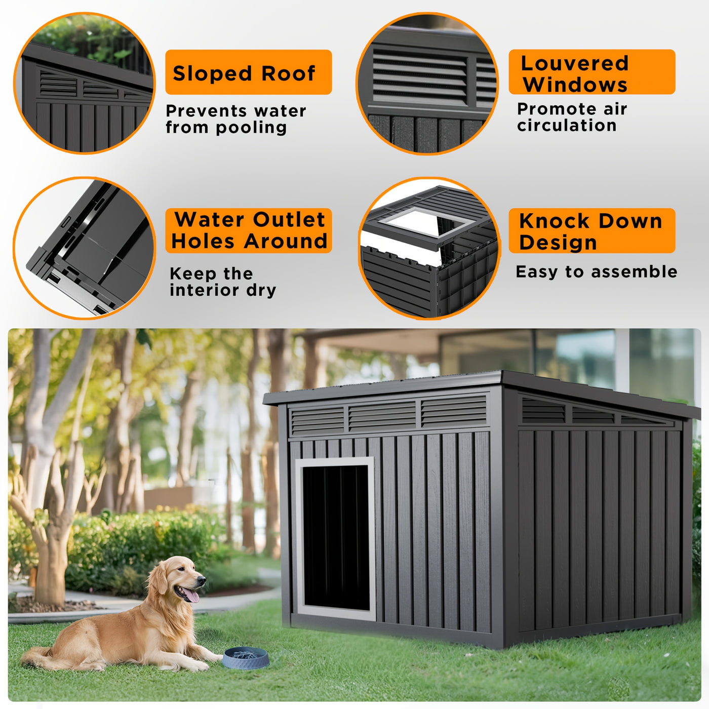XXXL Outdoor Dog House for Large Dogs – All-Weather Resin Kennel with Gas-Lift Ventilated Canopy, UV-Proof & StormProof Design, Easy Assembly Shelter for Multi-Pet Households