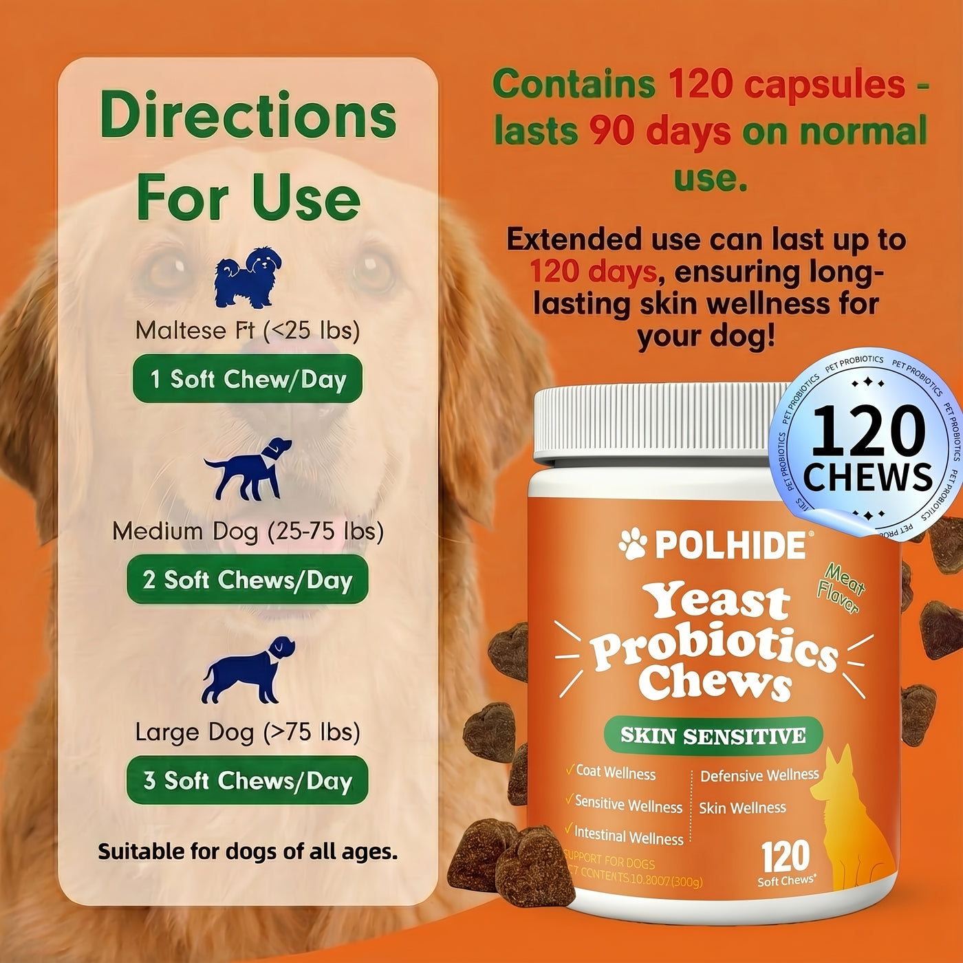 Yeast Probiotic Chews for Dogs – 90-Day Supply, 120 Meat Flavor Soft Chews, Supports Coat & Gut Health, Sensitive Skin & Defensive Wellness, All Ages