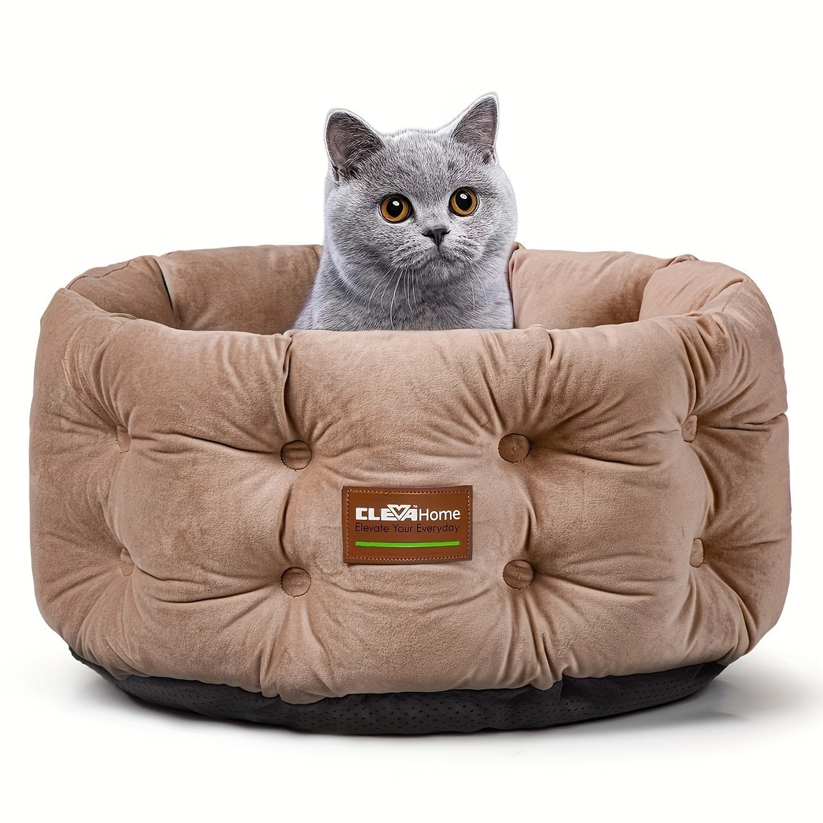 Deep Nest Round Cat Bed for Indoor Cats - Velvet Plush, Extra High Sides, Non-Slip Bottom, Machine Washable, 20x20x8in Cat Bed for Small Pets up to 15lbs, Steel Blue & Warm Beige