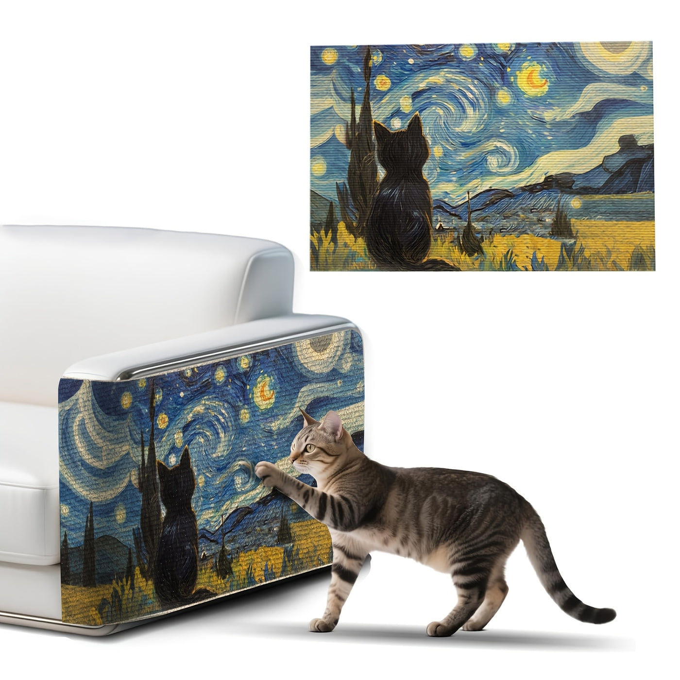 Self-Adhesive Cat Scratcher Wall Pad – Famous Artwork Designs, 15.7x23.6 Inch Sofa & Wall Protector, No-Drill Mount for Indoor Cats