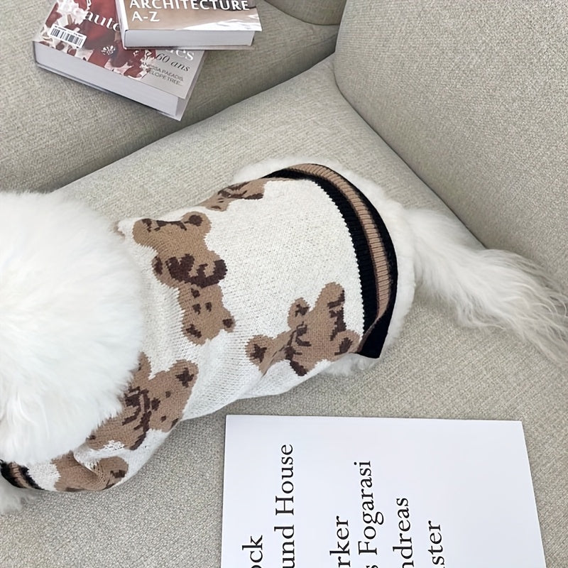 Dog Cardigan Sweater Bear Print with Button Closure – Warm Knitted Fleece-Lined Puppy Shirt, Adjustable Collar, Elastic & Embroidered, Small Breeds Bichon Teddy Schnauzer, Spring Summer