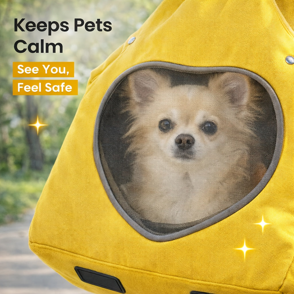 Crossbody Pet Carrier Bag with Heart Mesh Window – Hands-Free Dog & Cat Backpack with Waist Strap & Adjustable Shoulder Strap, Up to 15 Lbs | Bright Yellow