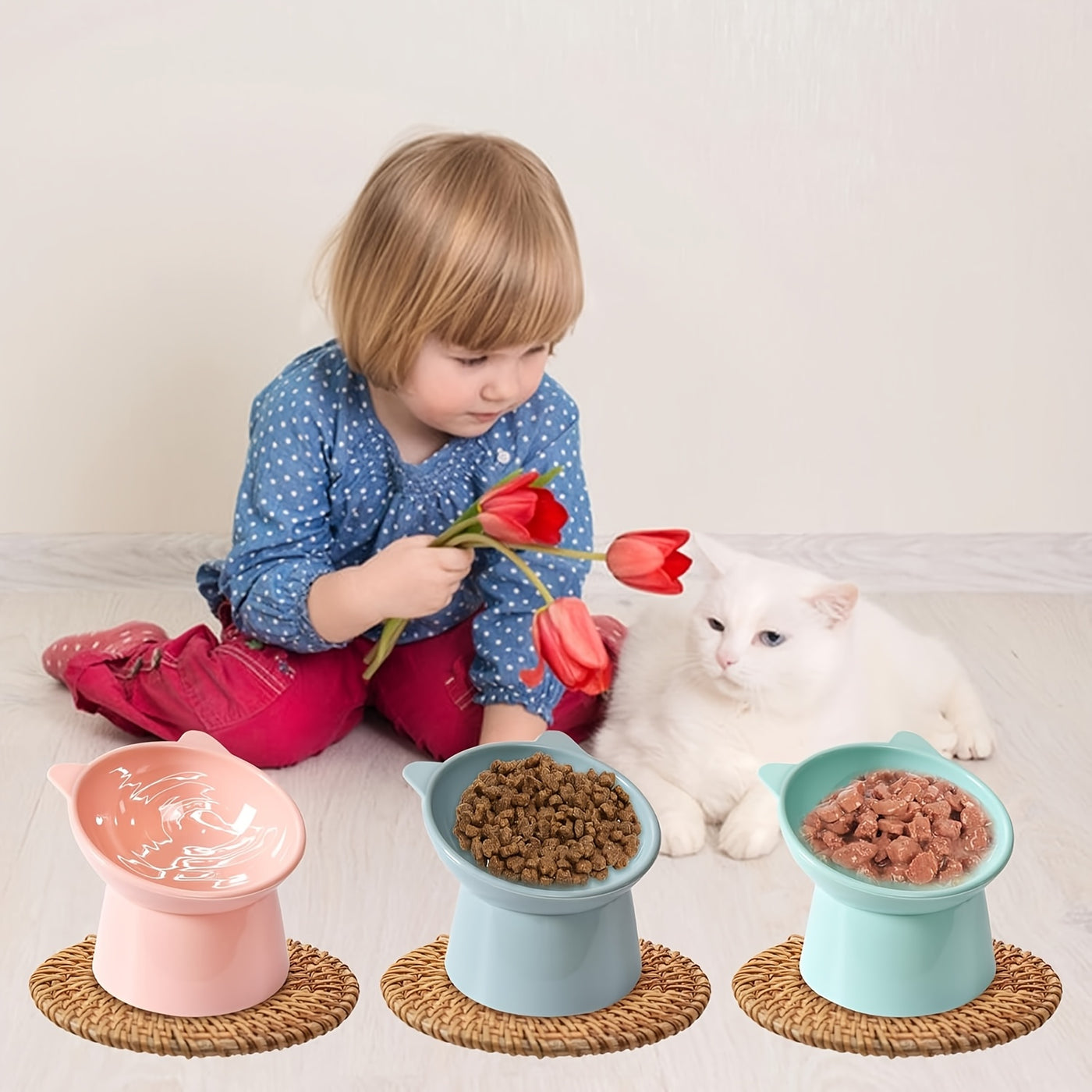 Cat Ear Shaped Raised Cat Bowls Set of 2 – Elevated Anti-Slip Anti-Vomiting Feeding Dish for Cats & Small Dogs, Neck Comfort Design