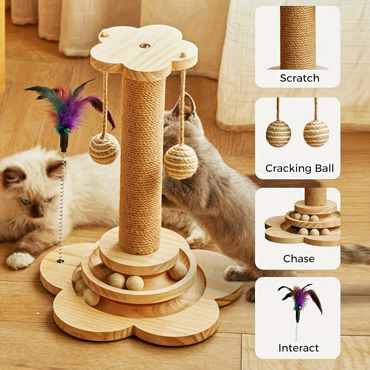 Solid Wood Cat Scratching Post – Multiple Styles & Sizes | Sisal, Mushroom, Dolphin, Fur & Hammock Scratcher for Indoor Cats