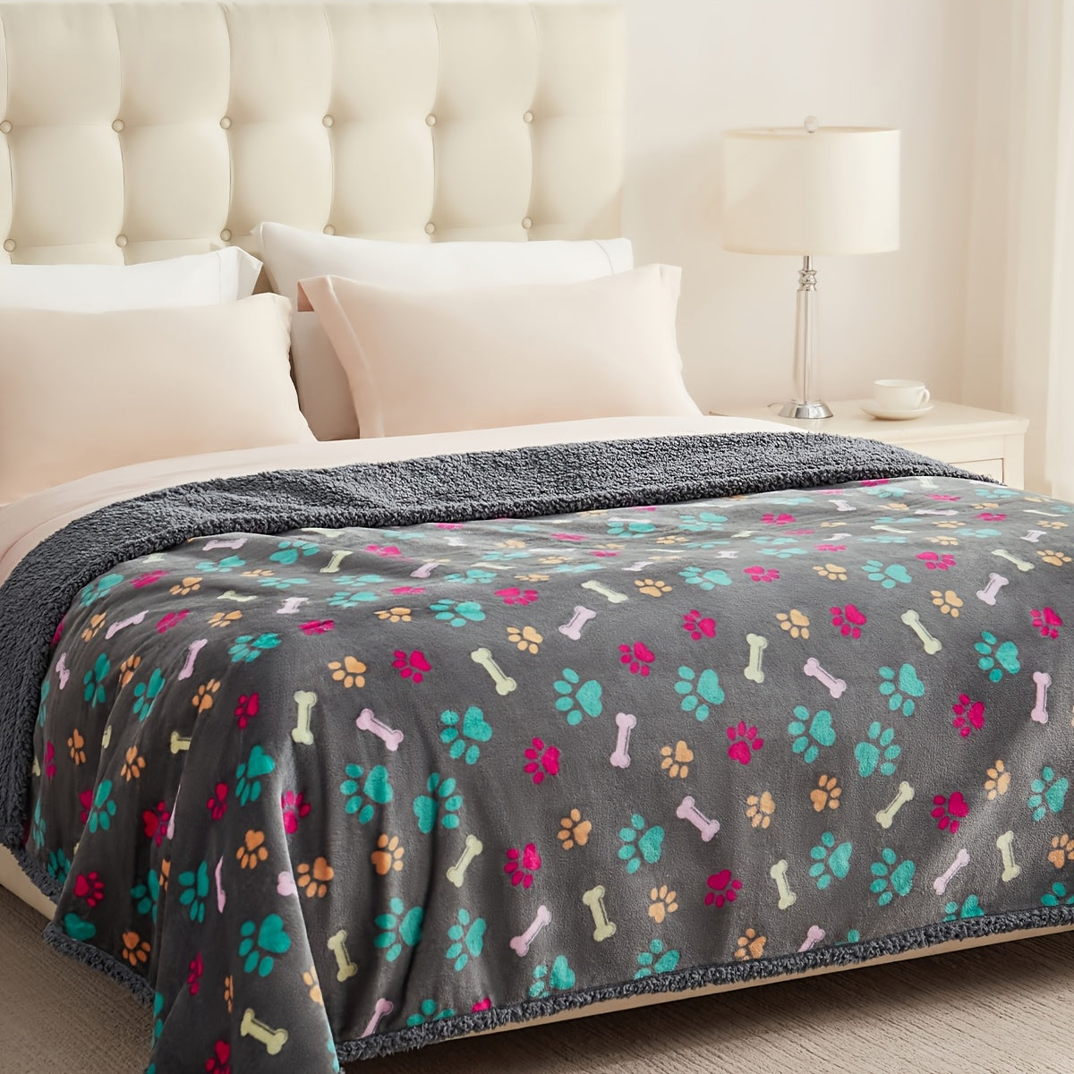 Waterproof Dog Blanket for Couch Sofa Bed - Pee Proof Washable Soft Fluffy Pet Blanket Reversible Furniture Protector, Gray Bone & Paw Print Design for Dogs Cats Small Medium Large