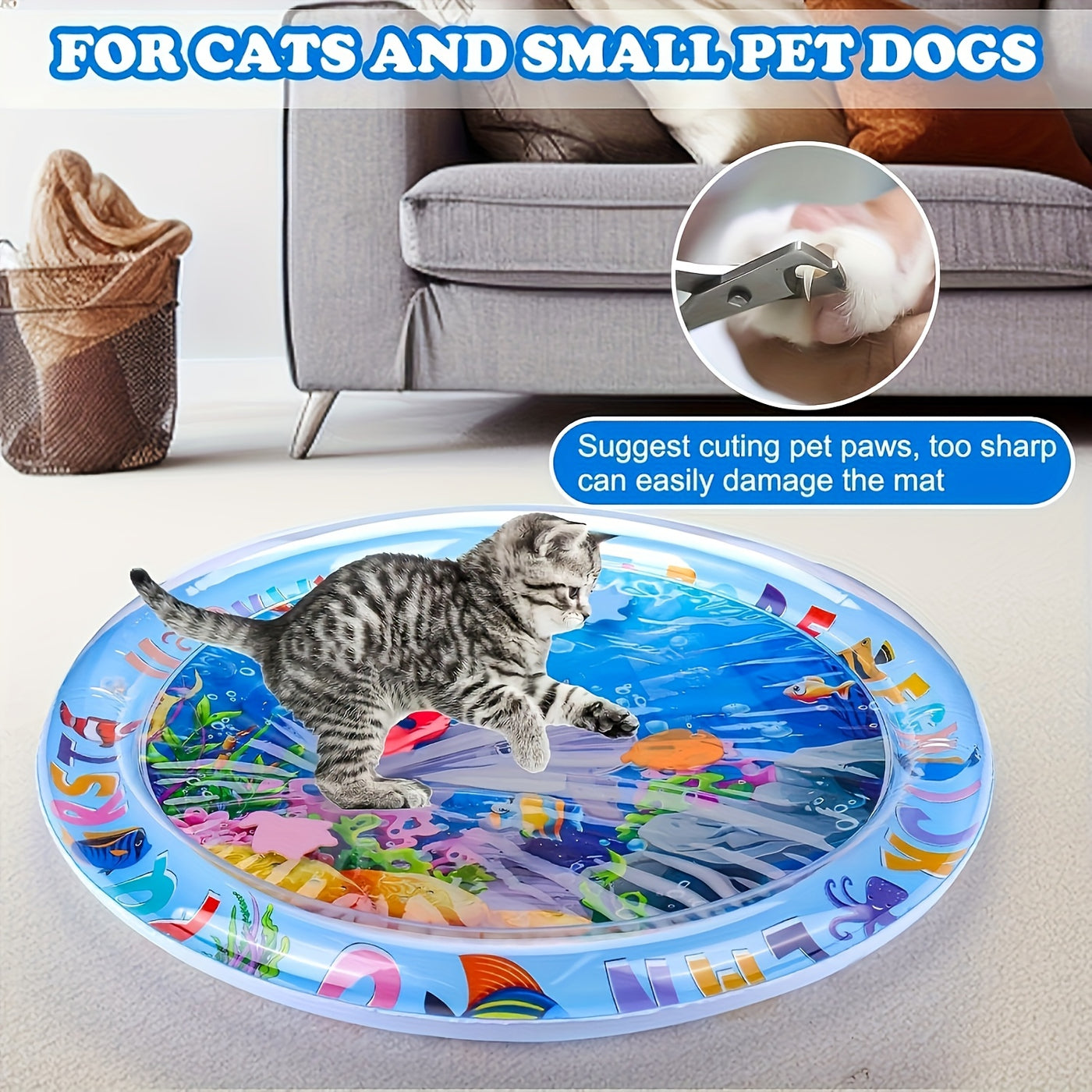 Interactive Water Play Cat Mat with Floating Fish – Splash-Proof PVC Indoor Cat Toy, Cartoon Pattern, No Battery Needed, Easy Tap Water Clean
