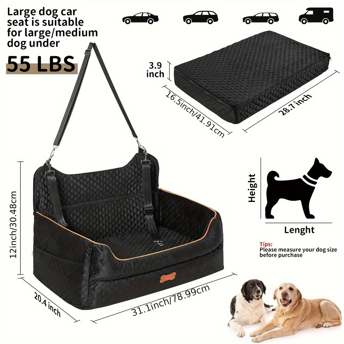Dog Car Booster Seat for Medium Large Dogs – Washable Pet Car Seat with Thick Cushion, Safety Leash & Removable Cover for Back Seat Travel