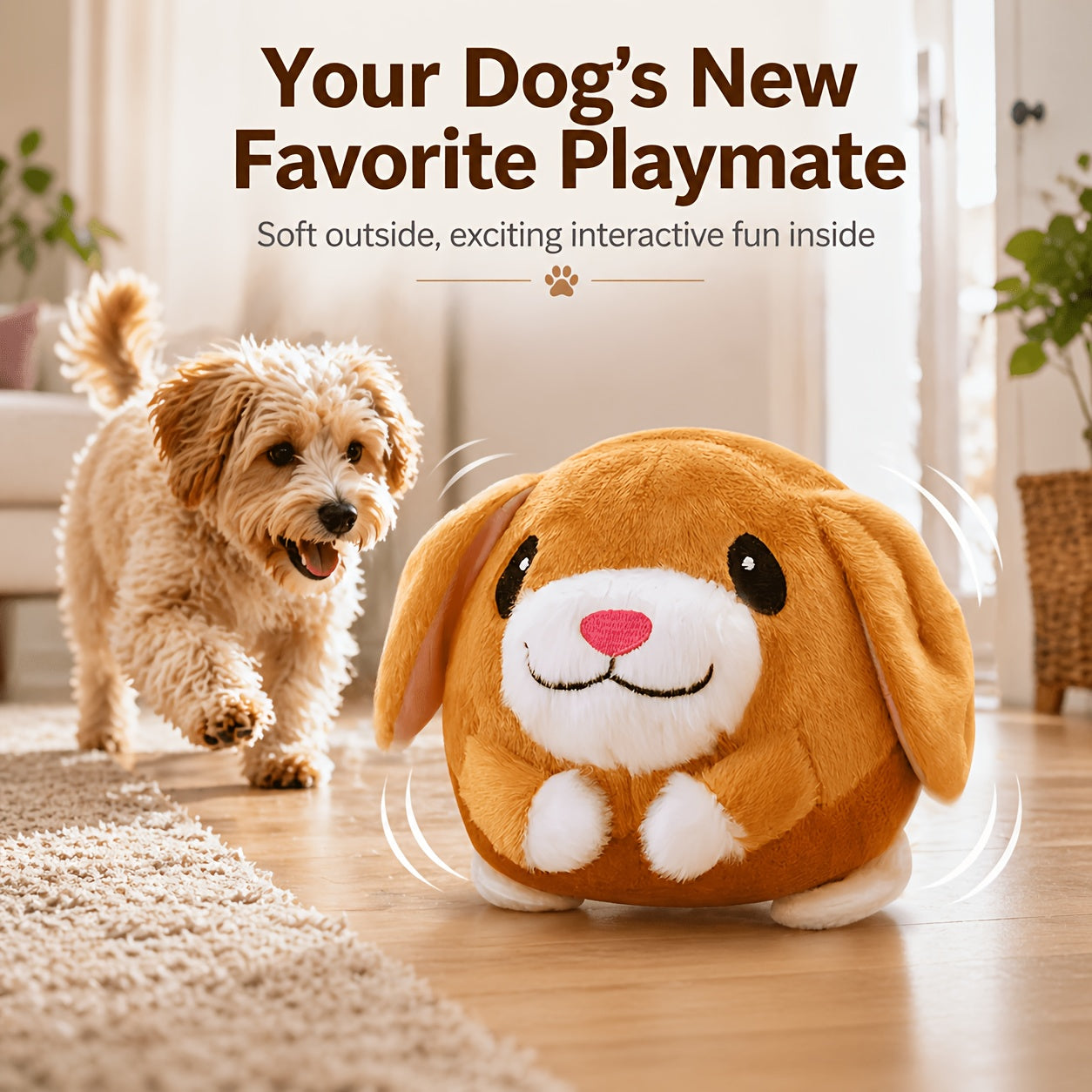 Rolling Bouncing Dog Toy with Motion Sensor & Animal Sounds – USB Rechargeable, Recording Mode, Washable, for Puppies & Small Dogs, Single or 2-Pack