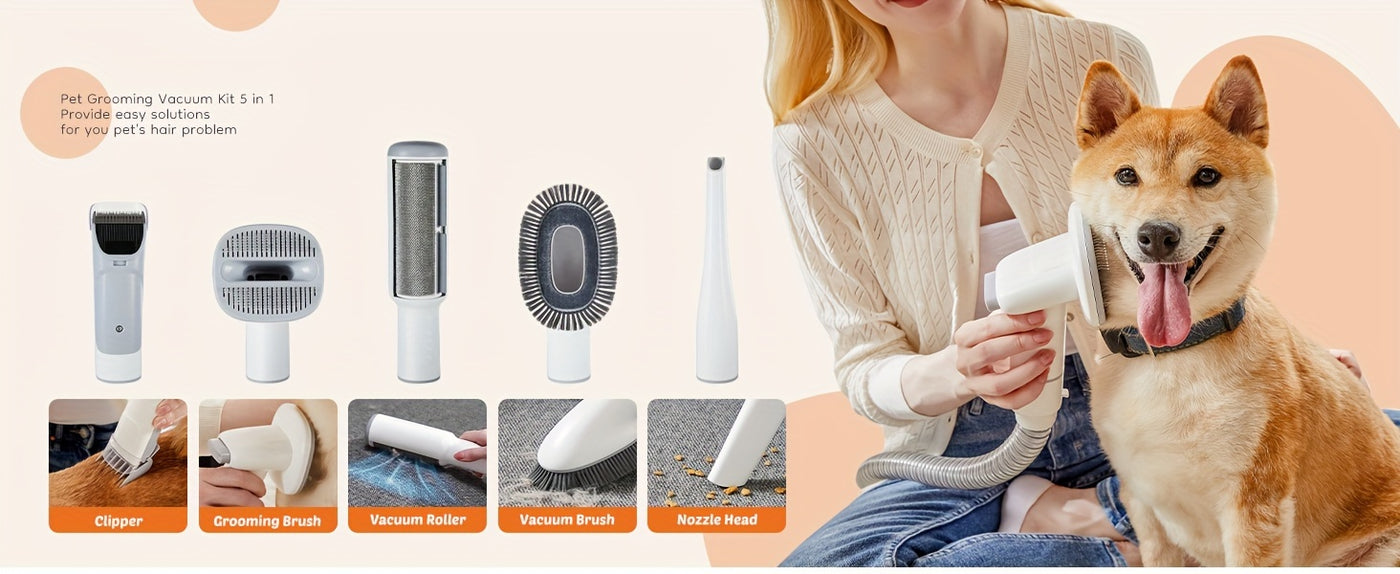 Pet Grooming Vacuum Kit 5-in-1 – Dog & Cat Hair Clipper with 99% Suction Vacuum, 6 Guide Combs, Professional Low-Noise Grooming Tools for Dogs Cats, White Grey & White Blue