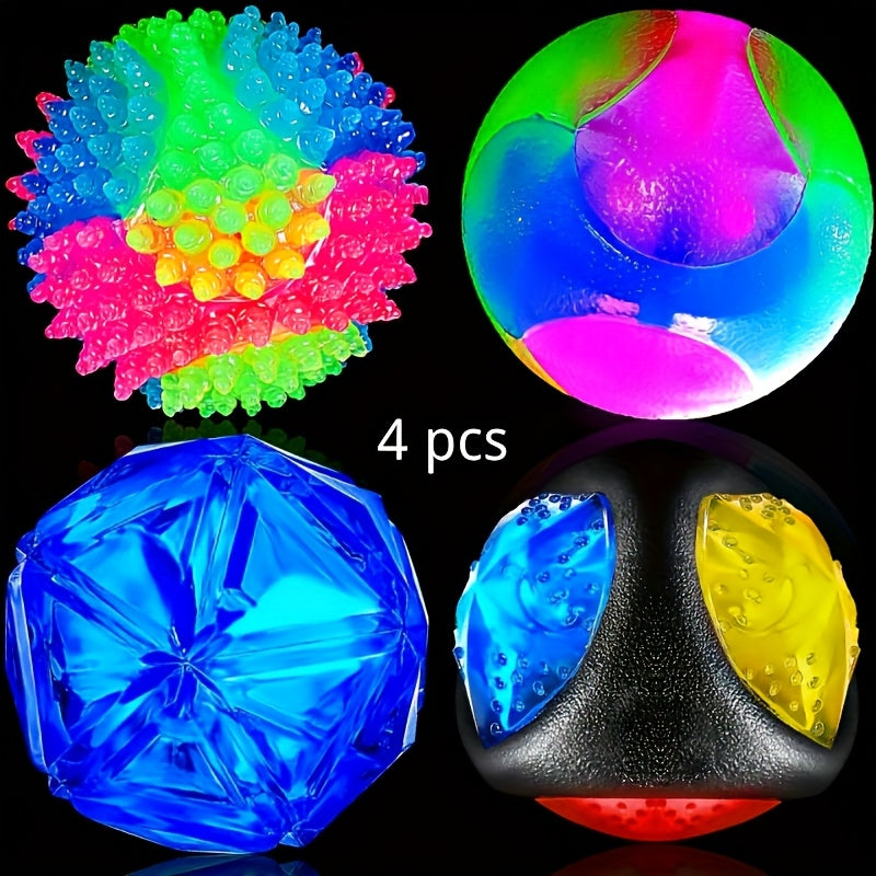 LED Light Up Dog Ball 4-Pack – Spiny Flashing Glow in the Dark Bounce-Activated Squeaky Toy Ball for Dogs and Puppies
