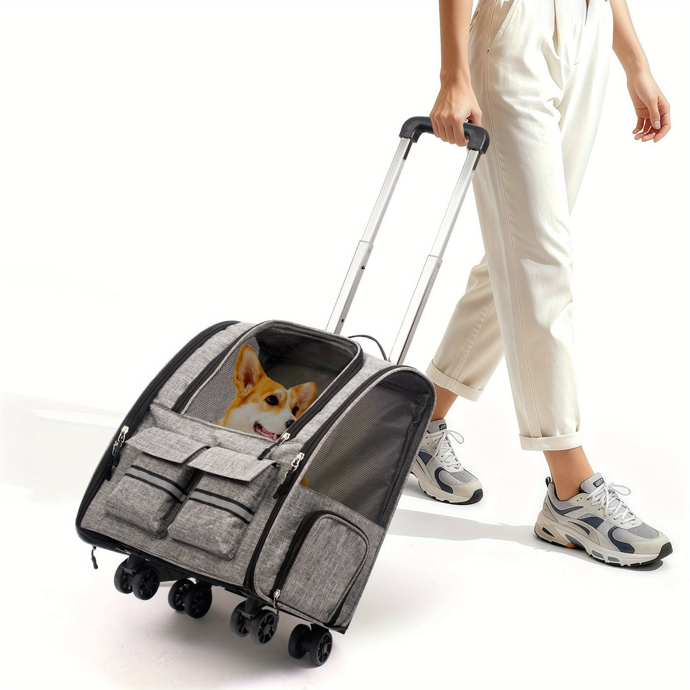 Airline Approved Pet Carrier with Wheels – 2-in-1 Rolling Trolley & Detachable Soft-Sided Bag, Telescopic Handle, Shoulder Strap & Safety Leash for Cats and Dogs
