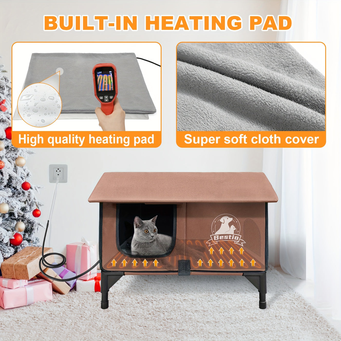 Heated Cat House Outdoor Indoor 3-in-1 with Removable Warming Pad - Elevated Cat Shelter, Chew-Resistant Cord, All-Season Cat Cave for Cats Kittens Small Dogs, Small & Large Sizes