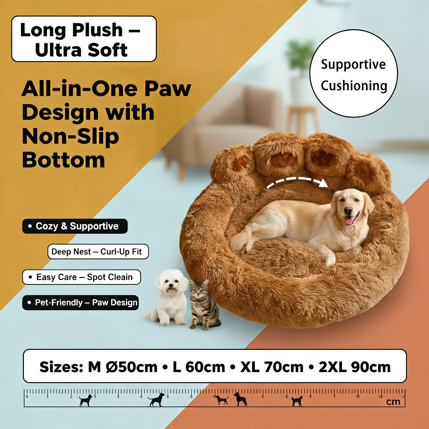 Bear Paw Round Plush Pet Bed for Dogs & Cats – Cute Warm Non-Slip Soft Bed for Small, Medium & Large Pets, 20/24/28/36 Inch