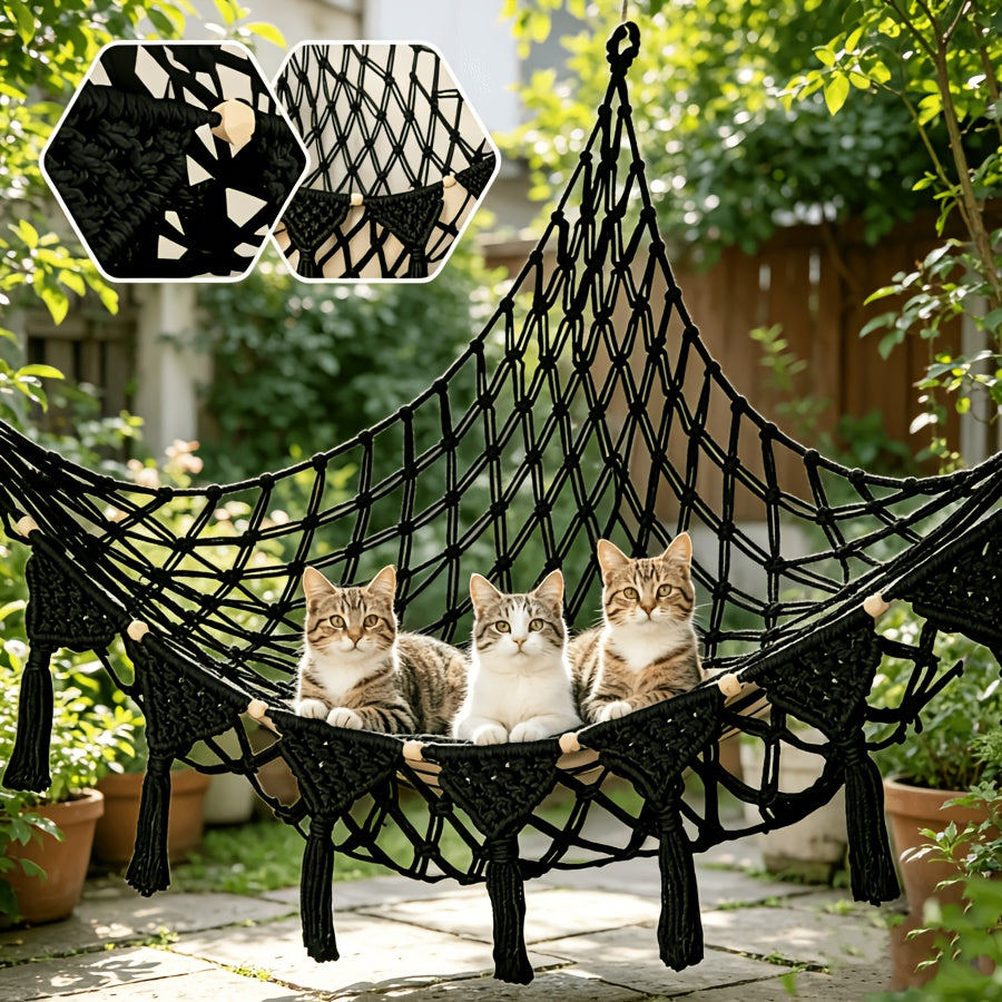 Cat Hammock Wall Mounted Hand-Woven Vinyl - No Assembly Hanging Cat Bed for Wall & Ceiling, All-Season Renter-Friendly Cat Basket Lounger for Kittens & Cats, Beige Pink Black Multicolor