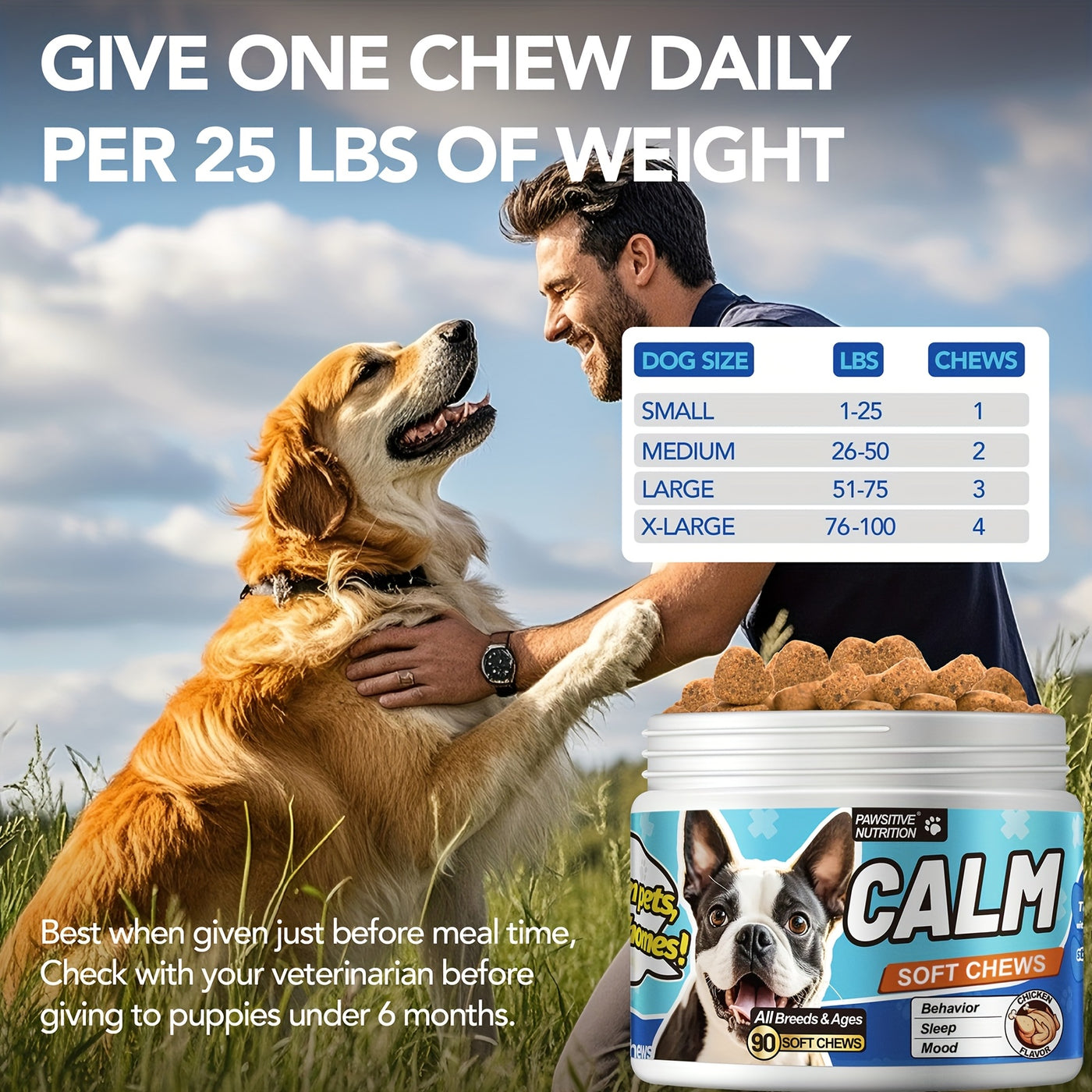 Dog Calming Chews 90ct Chicken Flavor – Natural Herbal Supplement for Anxiety Thunder Fireworks and Barking Relief