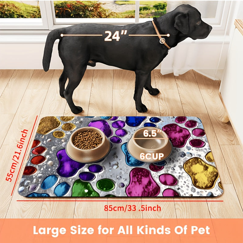 Pet Feeding Mat Absorbent Splash-Proof Non-Slip – Quick-Dry Heavy-Duty Floor Protector for Dogs & Cats, Colorful Paw Pattern, S/M/L/XL