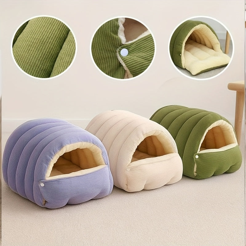 Cat Cave Bed for Indoor Cats – Cozy Cave-Style Tent with Removable Cushion, Warm Sleeping Bag Nest for Cats & Small Dogs, Autumn & Winter Pet Bed in Beige, Green & Purple