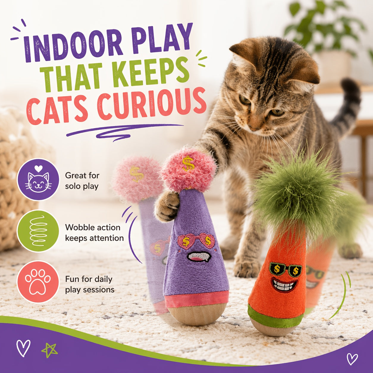 Catnip Wobble Feather Cat Toy with Mint Powder - Interactive Hunting Chase Toy for Kittens & Adult Cats Self-Play Indoor Exercise