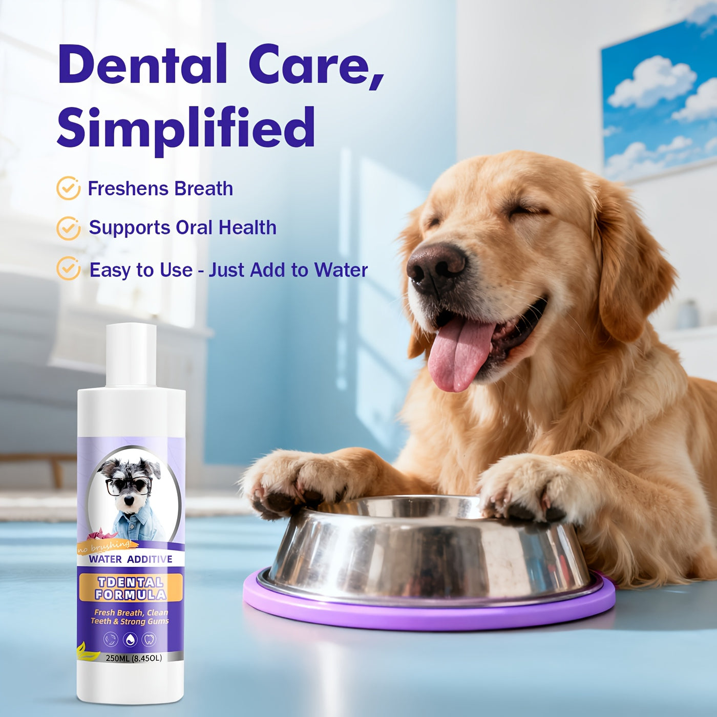 Dog & Cat Water Additive Dental Rinse – No-Brush Teeth Cleaner, Plaque & Tartar Control, Breath Freshener Mouthwash for Pets, 250ml Daily Oral Hygiene Formula