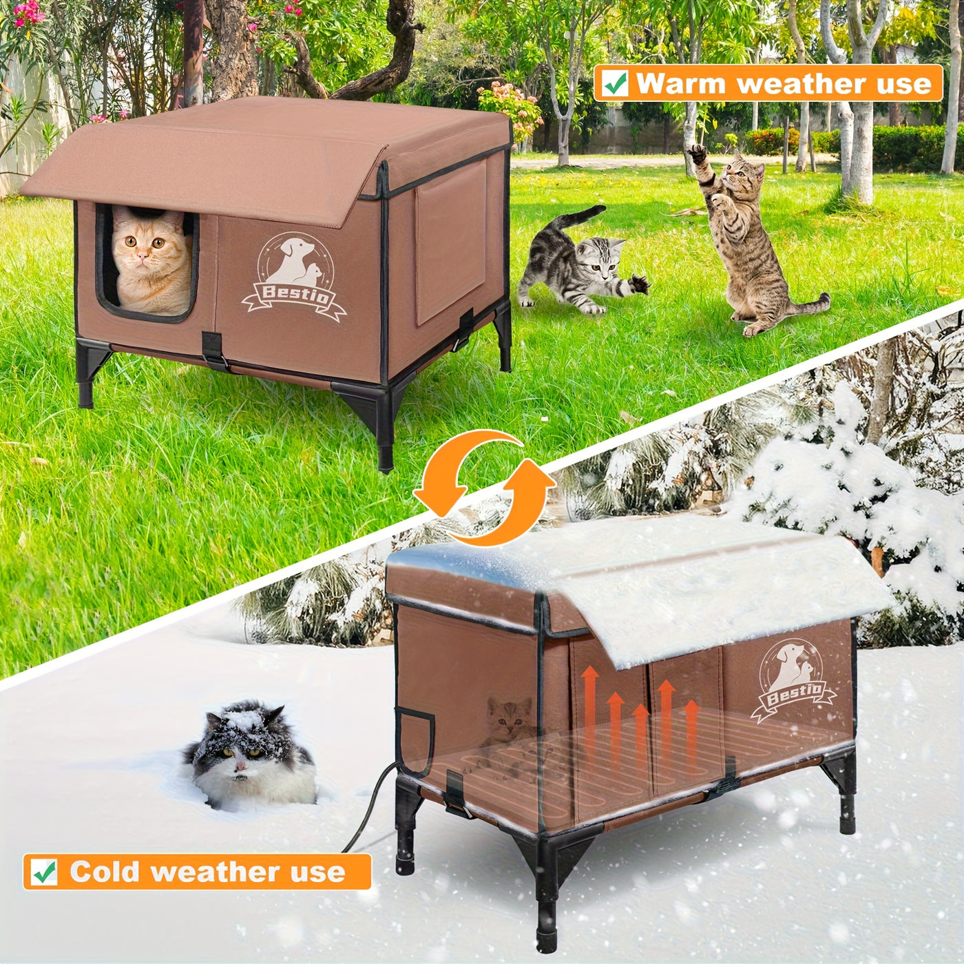Heated Cat House Outdoor Indoor 3-in-1 with Removable Warming Pad - Elevated Cat Shelter, Chew-Resistant Cord, All-Season Cat Cave for Cats Kittens Small Dogs, Small & Large Sizes