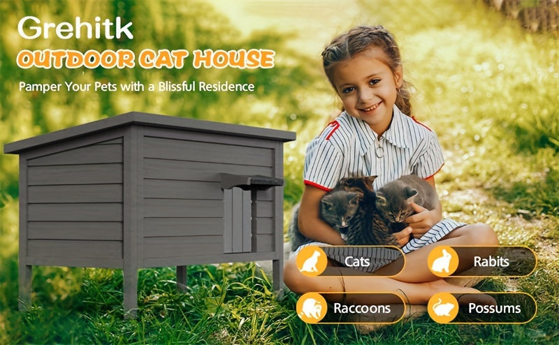 Outdoor Cat House Insulated Waterproof – 6-Side Foam Insulated Solid Wood Feral Cat Shelter with Feeding Station, Fits 2-3 Cats, 34.4"L×21.7"W×27.2"H