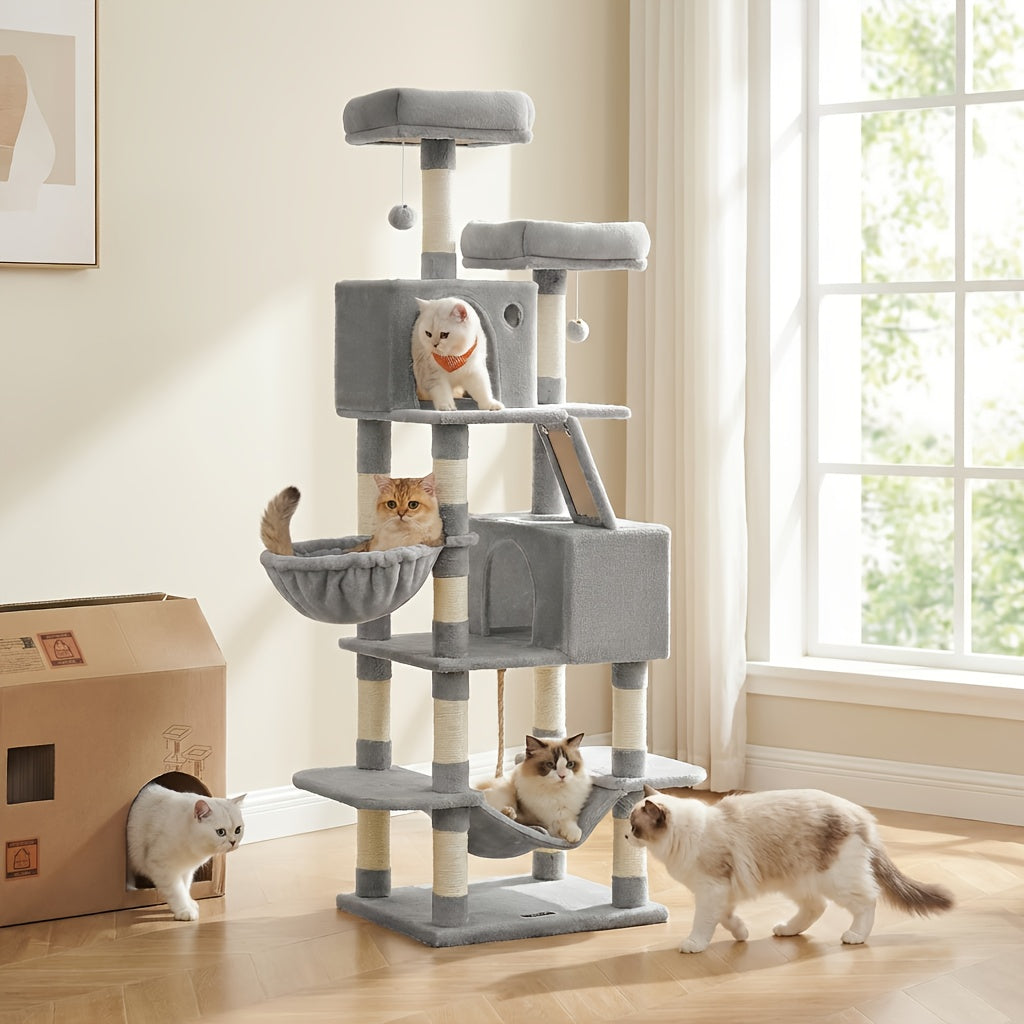 Multi-Level Cat Tree Tower with Cave & Plush Hammock - 44/66/79in Tall Cat Condo, 4 Sisal Scratching Posts, 2 Perches, Anti-Tilt, Pompom Toys for Multi-Cat Families, 5 Colors