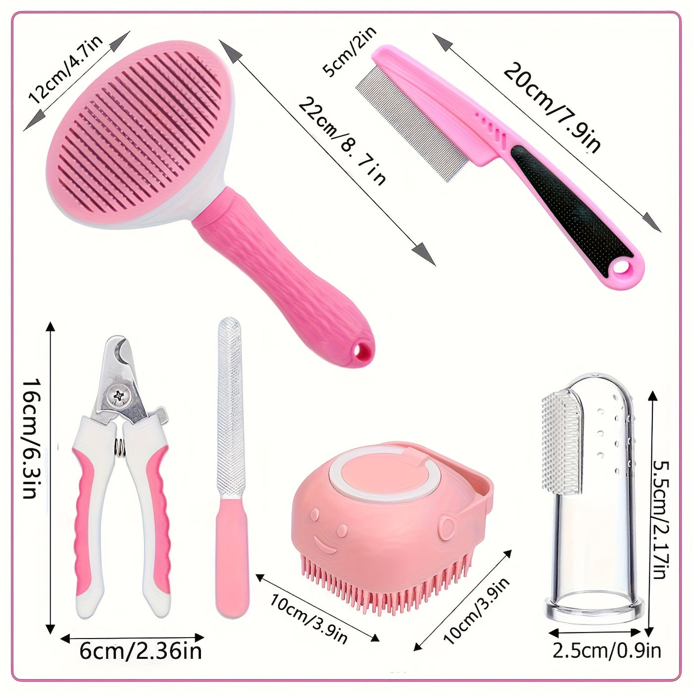7-in-1 Pet Grooming Kit for Dogs & Cats – Self-Cleaning Slicker Brush, Nail Clippers, Shampoo Bath Brush, Dental Care Set for Puppies & Cats | Pink & Blue, 9pcs