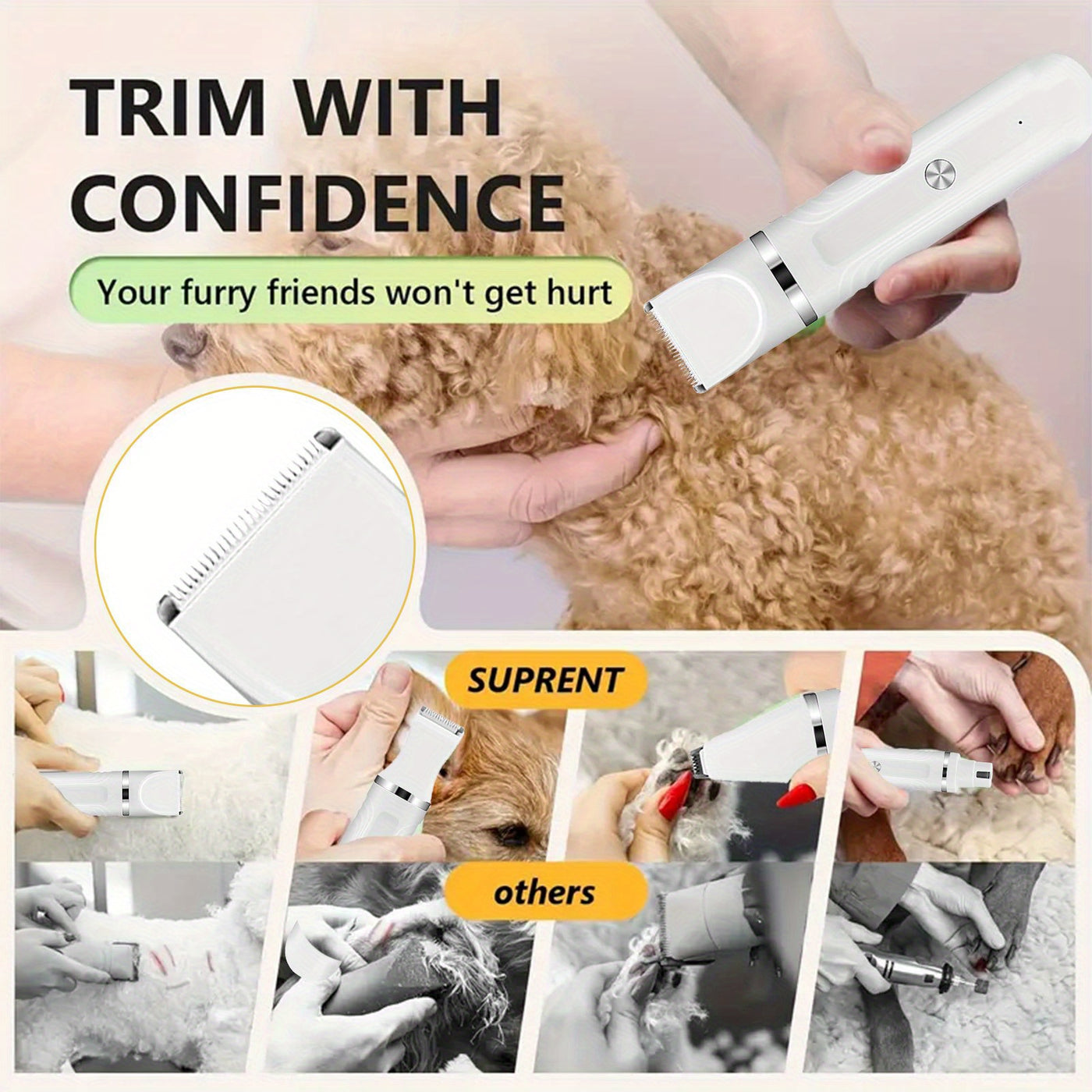 6-in-1 Pet Grooming Kit USB Rechargeable Cordless Clippers – 4 Interchangeable Blade Heads, Nail Clipper, Steel Comb & Scissors for Dogs Cats & Small Animals, White & Blue