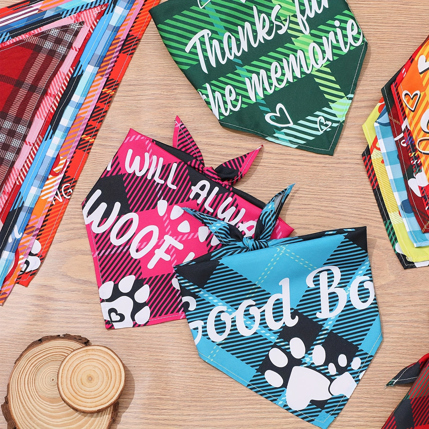 Dog Bandanas Bulk 100 Pack – Plaid & Paw Print Triangle Scarf Kerchief with Captions, Adjustable Washable Pet Bandana for Small to Medium Dogs & Cats, Grooming Accessory Gift