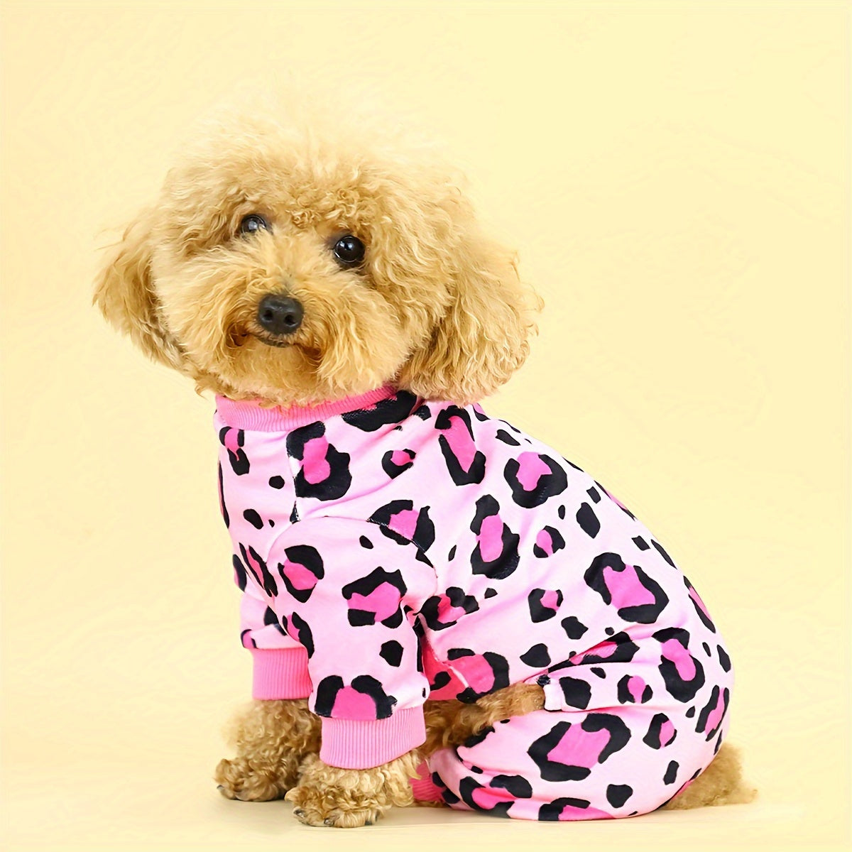 Leopard Print Dog Jumpsuit Plush Pullover for Small & Medium Dogs – Soft Polyester Knit Pet Onesie for Spring, Fall & Winter, Sizes XS-4XL