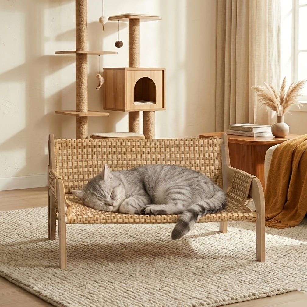 Elevated Pet Sofa Bed - Solid Wood Lounge Chair for Cats & Dogs, Modern Pet Furniture, Replaceable Mattress, Bamboo Mat & Fleece Options, White & Grey
